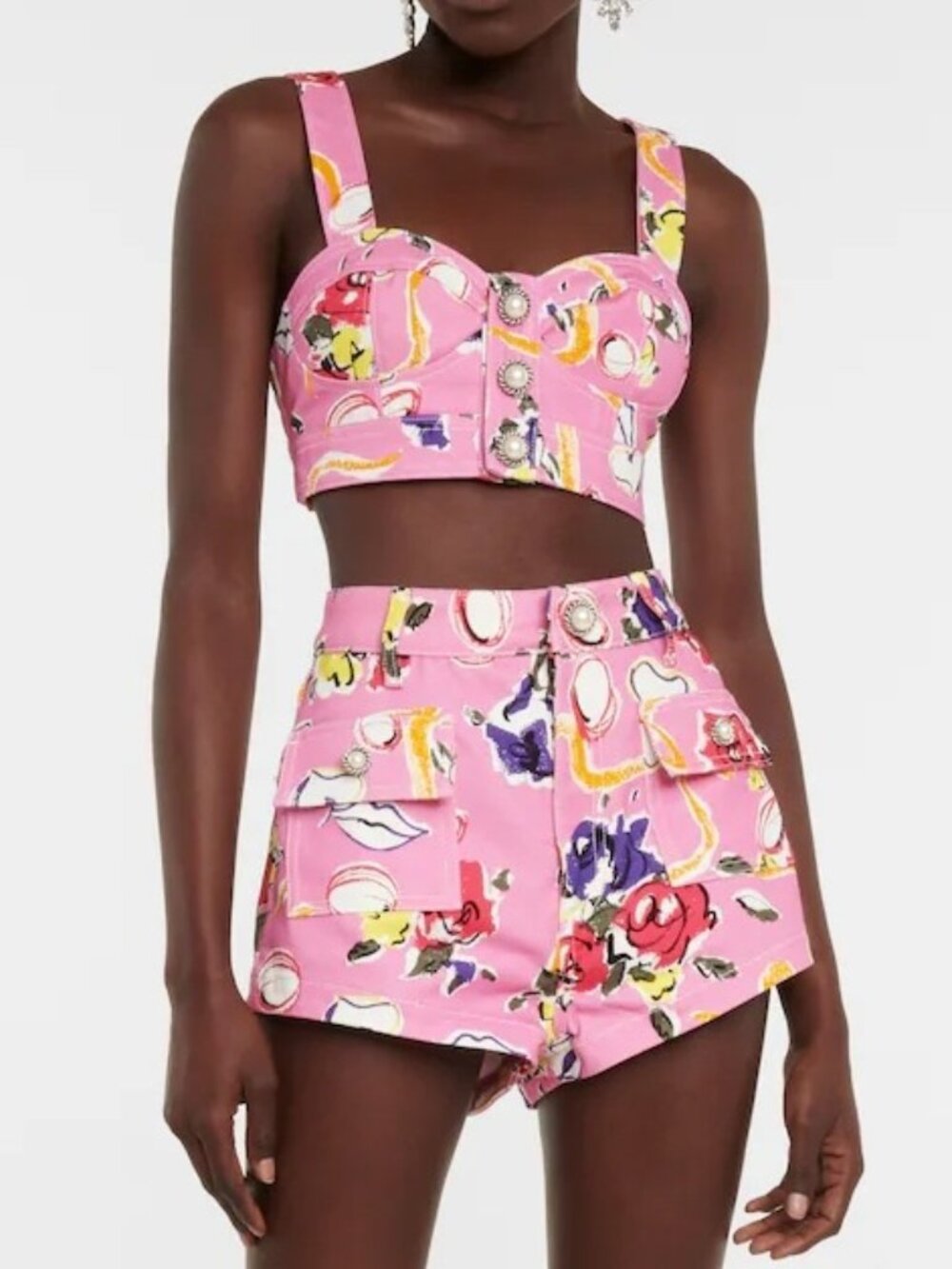 Pink Floral Denim Crop Top & Shorts Matching Set M